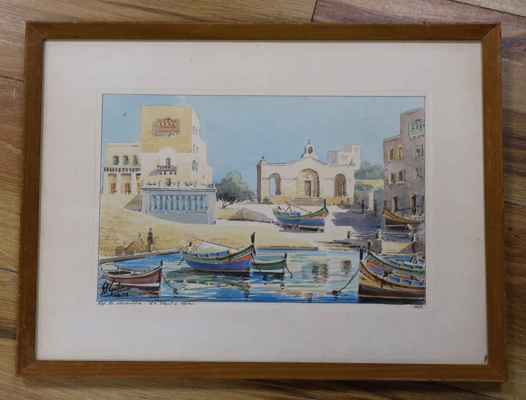 S.J. Galea, watercolour, Road to Bugibba, St Paul's Bay, Malta, signed and dated 1969, 17 x 27cm